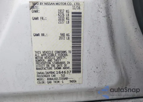 2017 Nissan Altima 2.5 Sl z USA, uszkodzony, nr VIN 1N4AL3AP8HC164637